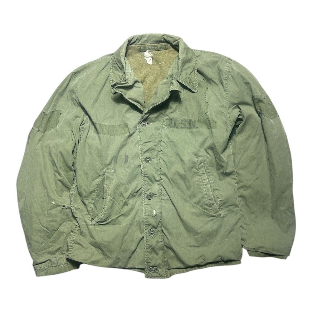 VTG WWII USN N-4 Deck Jacket Olive Drab Military Stencil Distressed Mens Small
